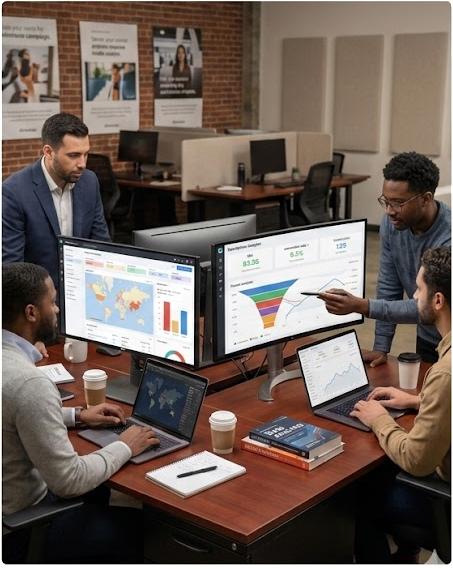 Studio team reviewing campaign dashboards